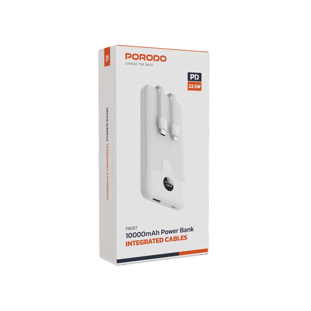 Porodo 10000mAh Powerbank Digital Display with C & Lightning Cable ,White