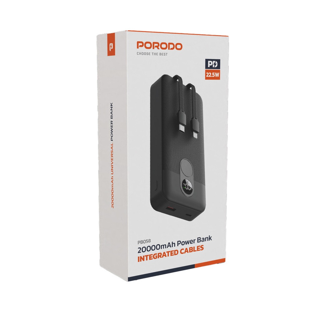 Porodo 20000mAh Powerbank Digital Display with C & Lightning Cable ,Black