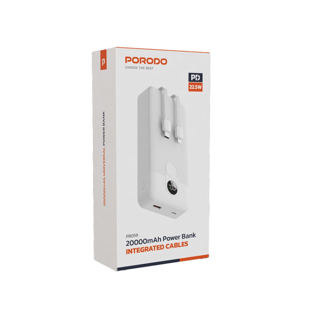 Porodo 20000mAh Powerbank Digital Display with C & Lightning Cable ,White