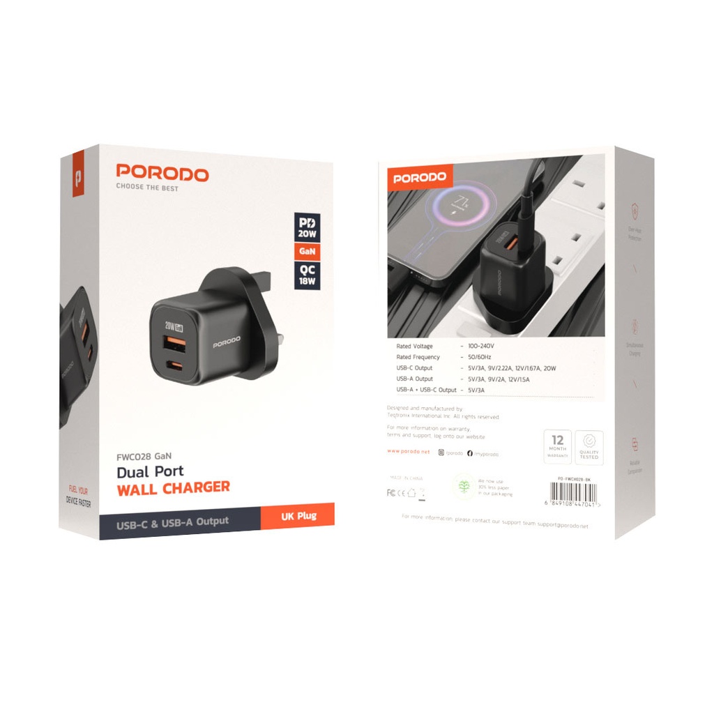 Porodo GaN Dual Port Wall Chargre UK ,Black 
