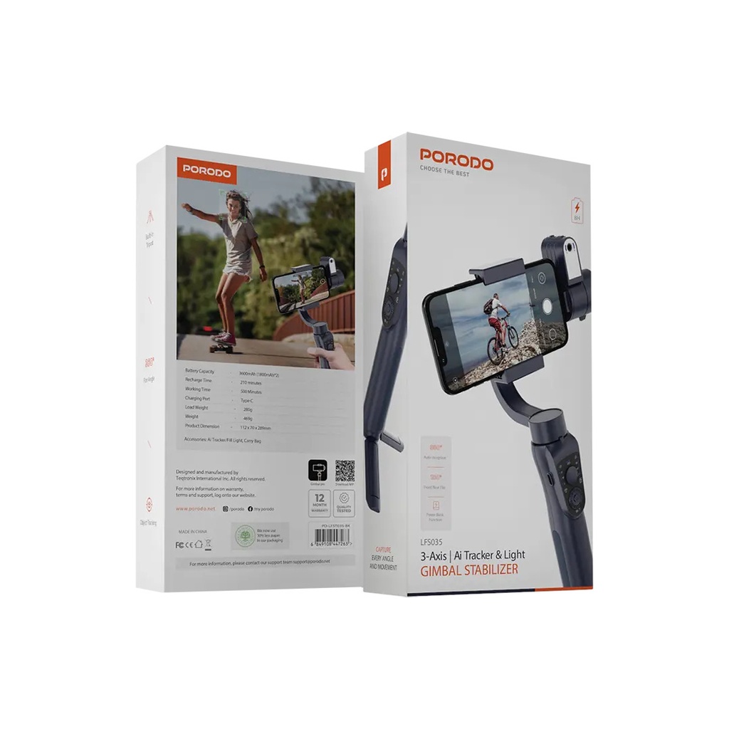 Porodo 3-Axis | Ai Tracker & Light Gimbal stabilizer ,Black 