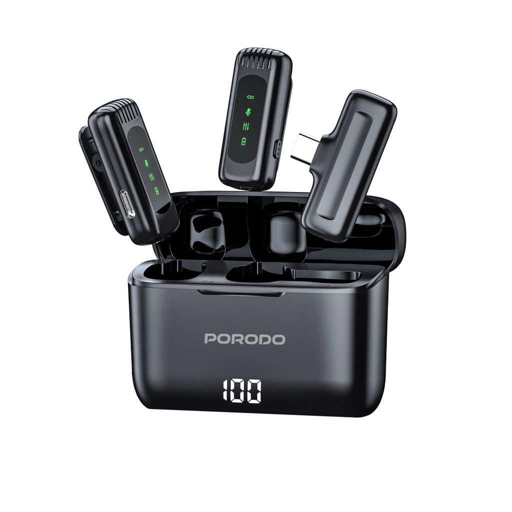 Porodo Lavalier Double Microphone with Charging Case ,Black