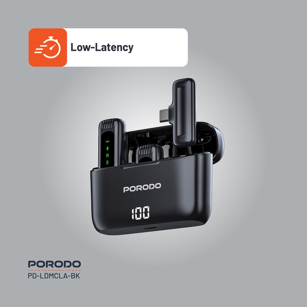 Porodo Lavalier Double Microphone with Charging Case ,Black