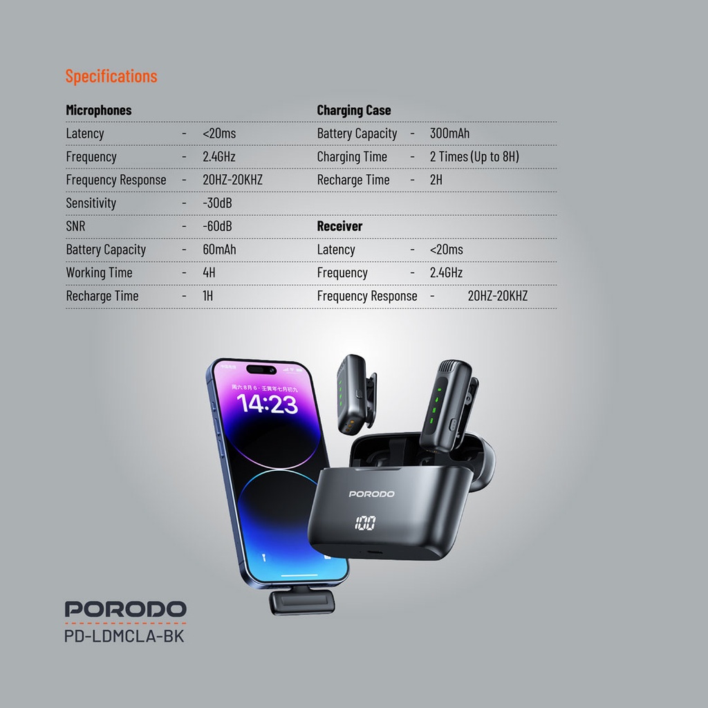 Porodo Lavalier Double Microphone with Charging Case ,Black