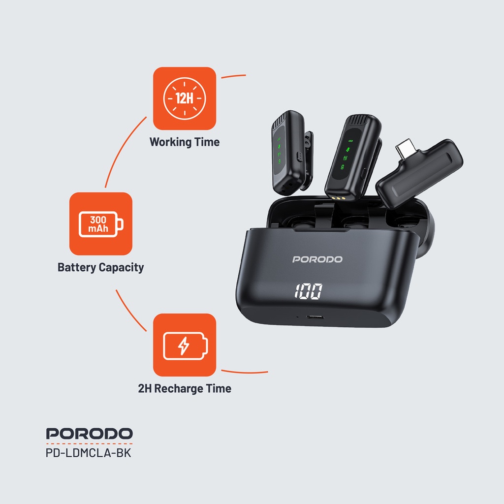 Porodo Lavalier Double Microphone with Charging Case ,Black