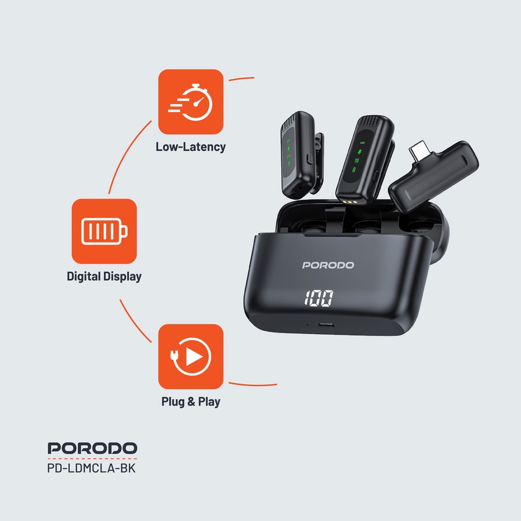Porodo Lavalier Double Microphone with Charging Case ,Black