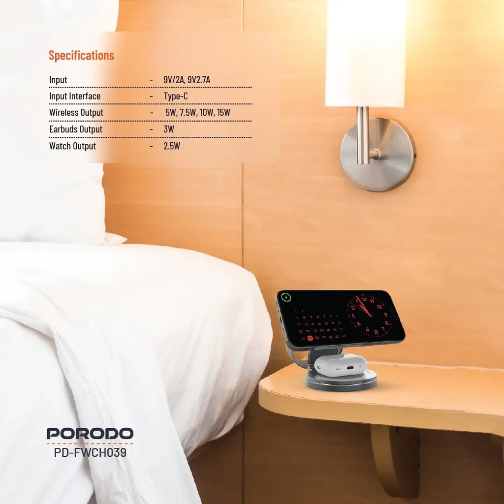 Porodo Rotating Base Three-Device Wireless Charger ,Gray