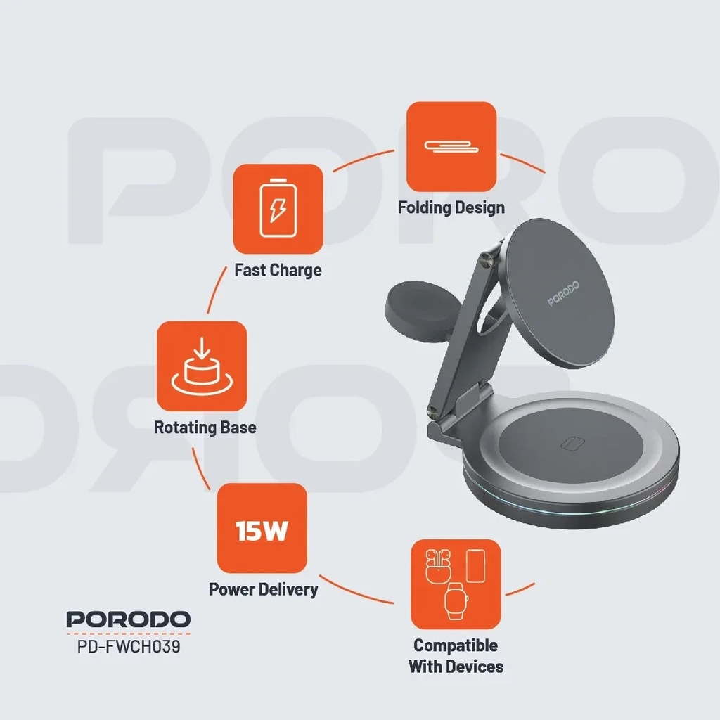 Porodo Rotating Base Three-Device Wireless Charger ,Gray