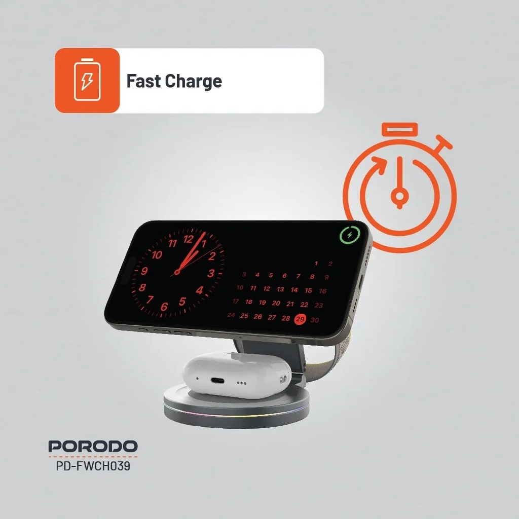 Porodo Rotating Base Three-Device Wireless Charger ,Gray