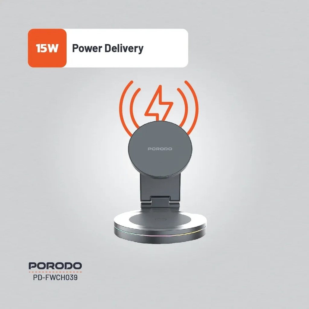 Porodo Rotating Base Three-Device Wireless Charger ,Gray