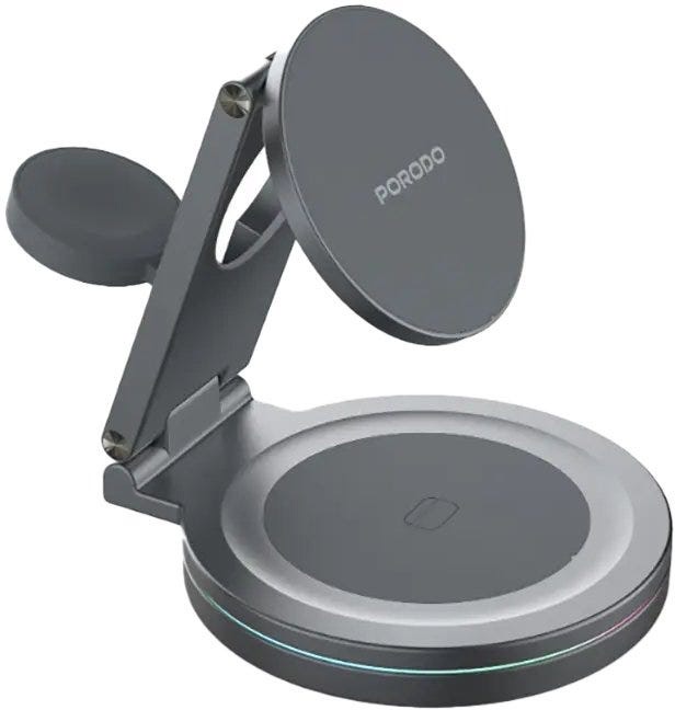 Porodo Rotating Base Three-Device Wireless Charger ,Gray