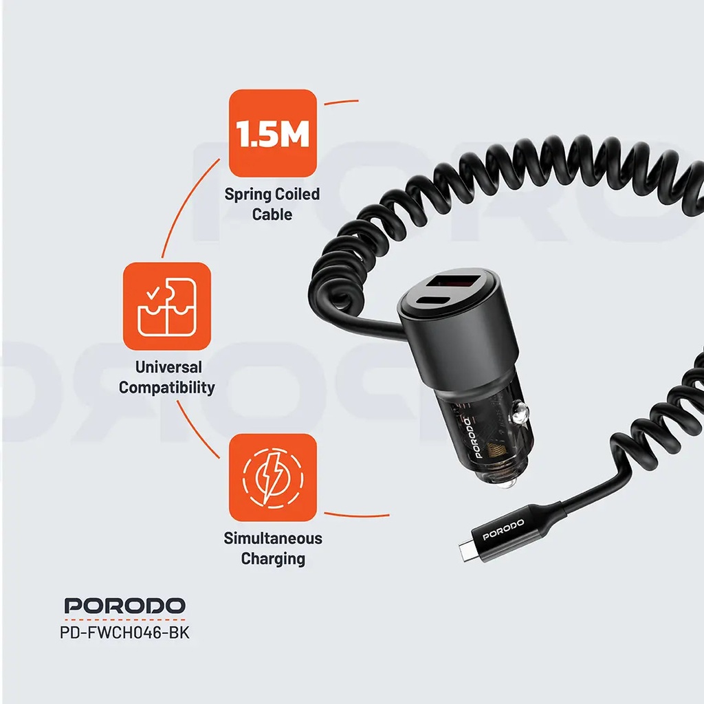 Porodo 110W Car Charger Transparent with Coiled Cable ,Black