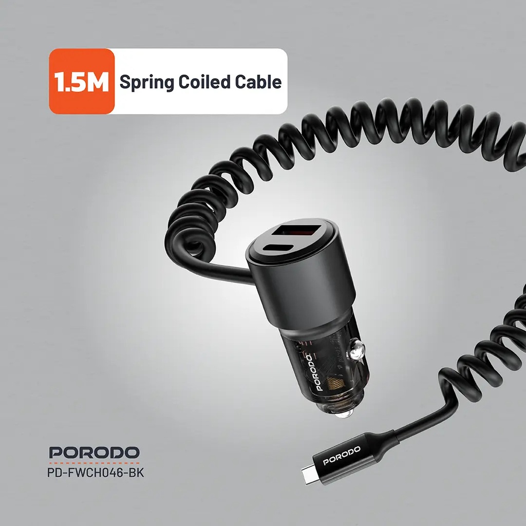 Porodo 110W Car Charger Transparent with Coiled Cable ,Black
