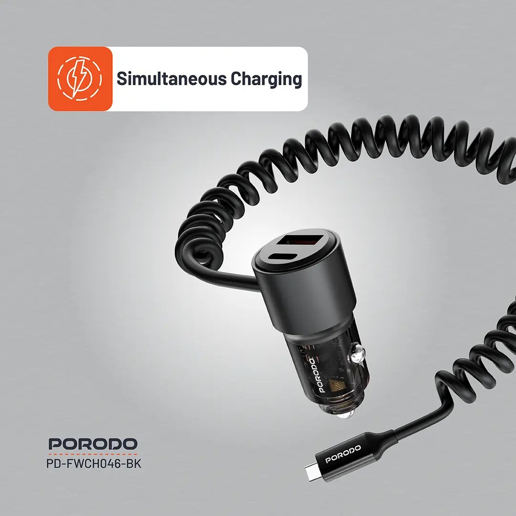 Porodo 110W Car Charger Transparent with Coiled Cable ,Black