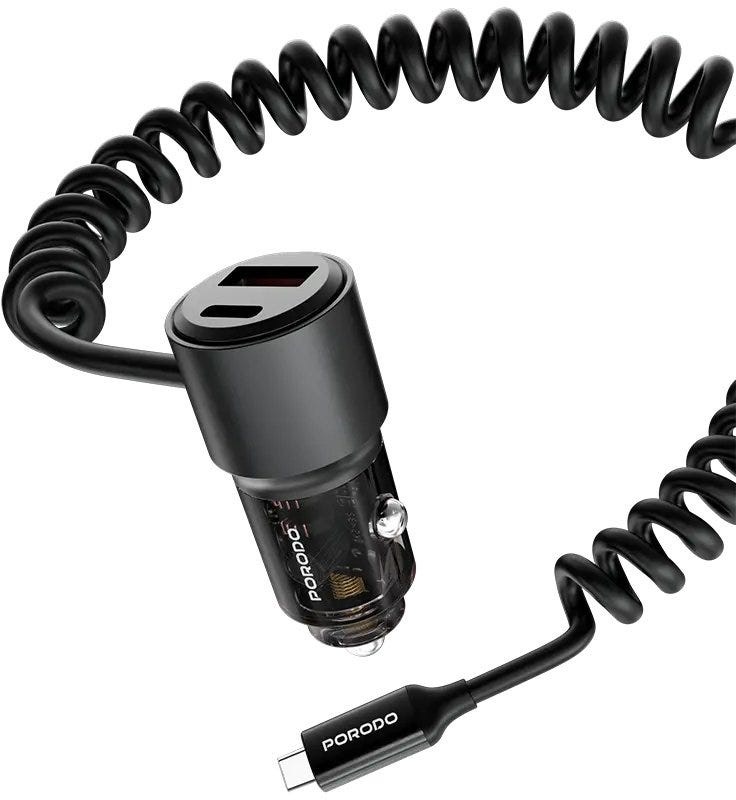 Porodo 110W Car Charger Transparent with Coiled Cable ,Black