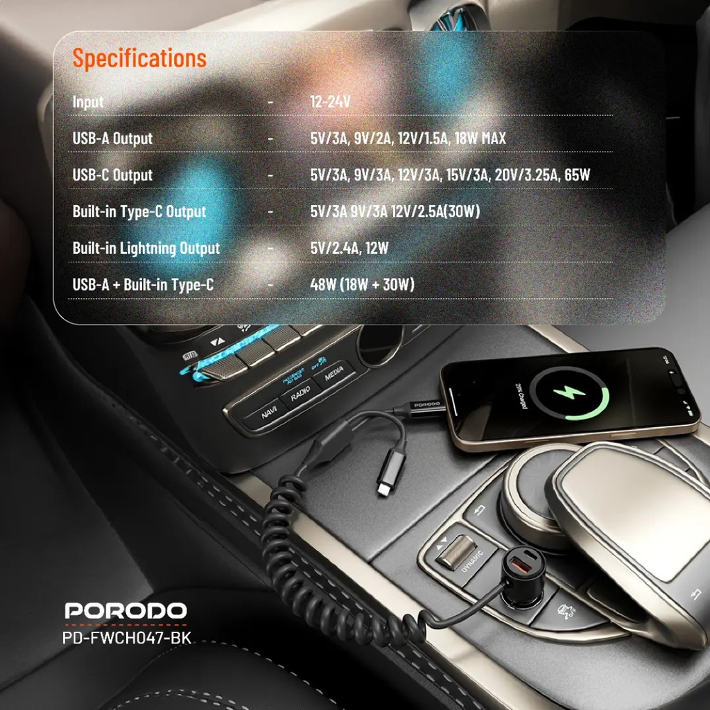 Porodo 95W Car Charger Transparent with Coiled Cable ,Black