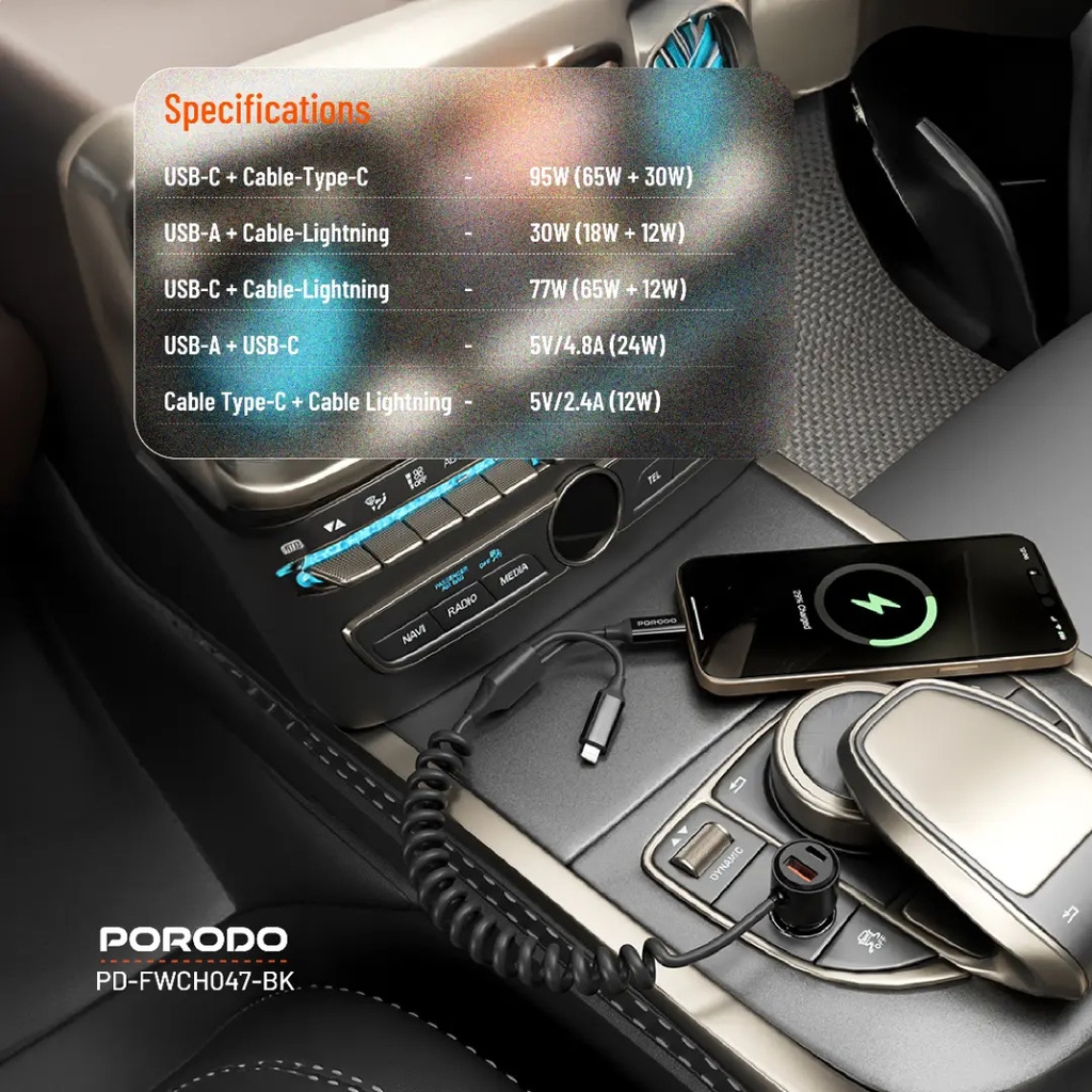Porodo 95W Car Charger Transparent with Coiled Cable ,Black