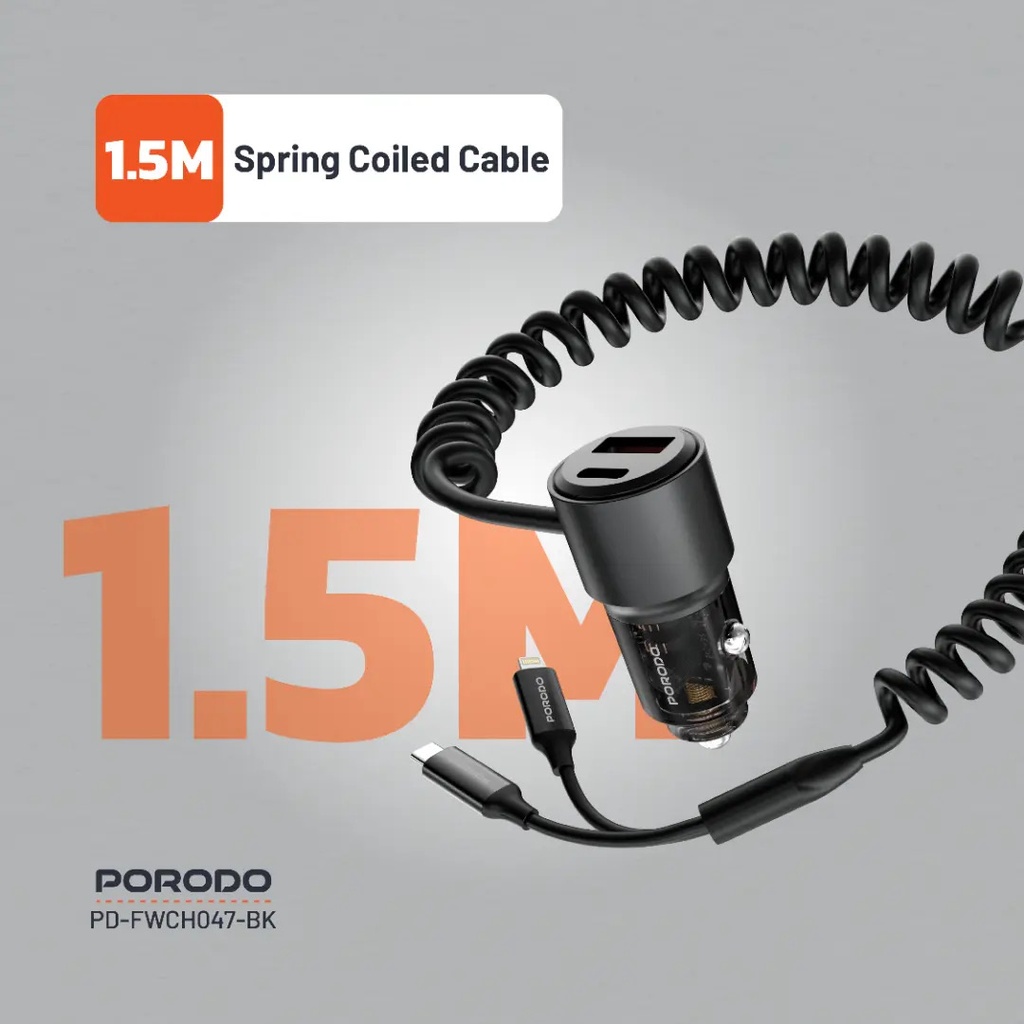 Porodo 95W Car Charger Transparent with Coiled Cable ,Black