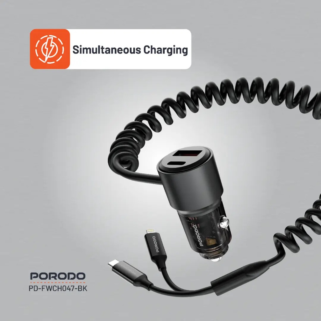 Porodo 95W Car Charger Transparent with Coiled Cable ,Black