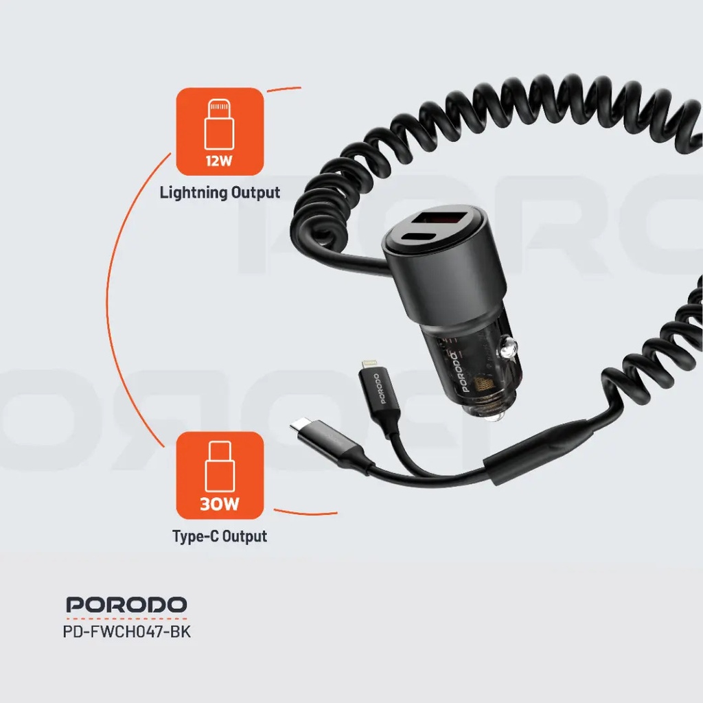 Porodo 95W Car Charger Transparent with Coiled Cable ,Black