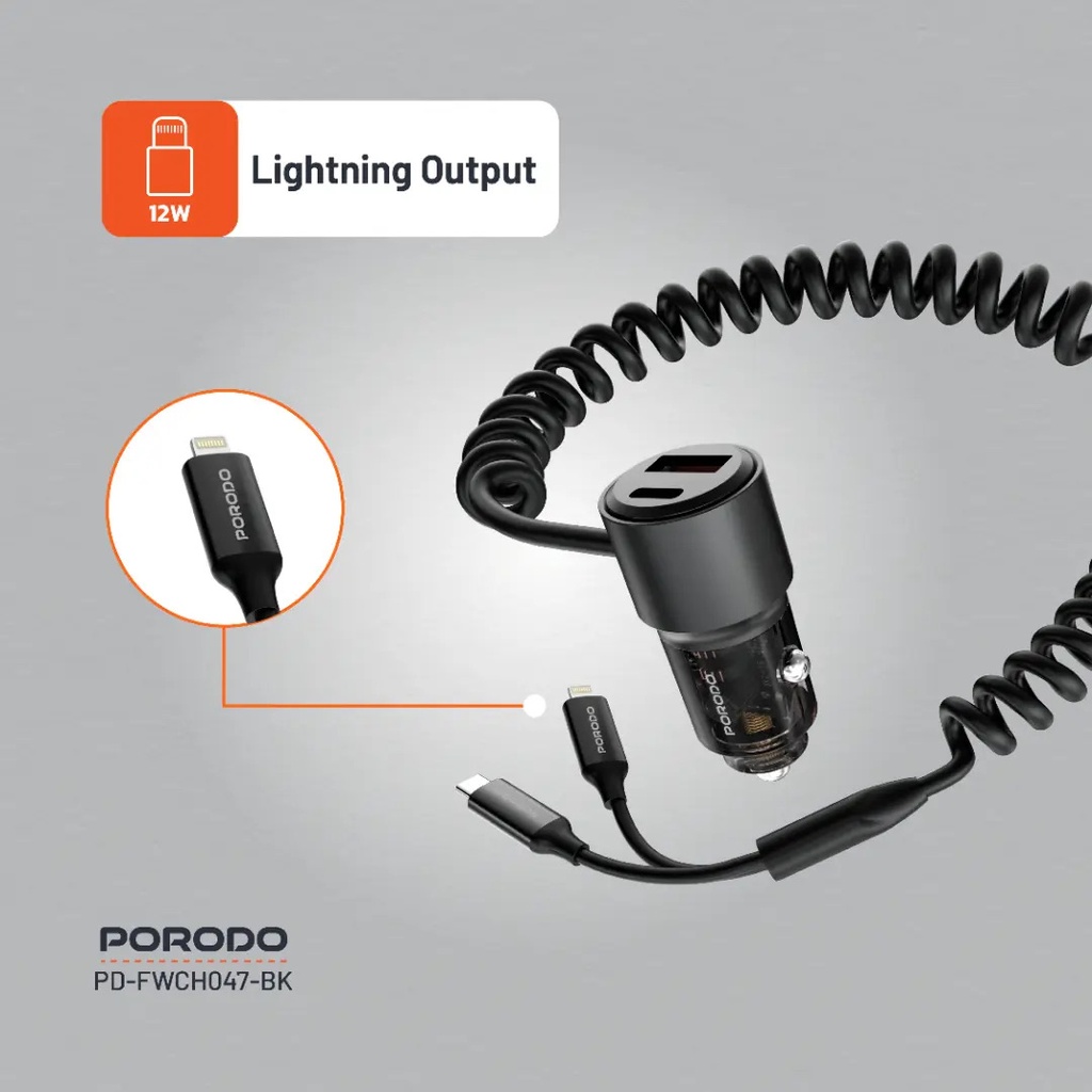 Porodo 95W Car Charger Transparent with Coiled Cable ,Black