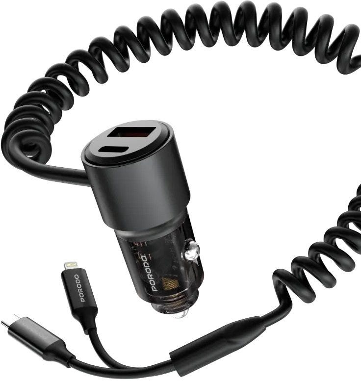 Porodo 95W Car Charger Transparent with Coiled Cable ,Black