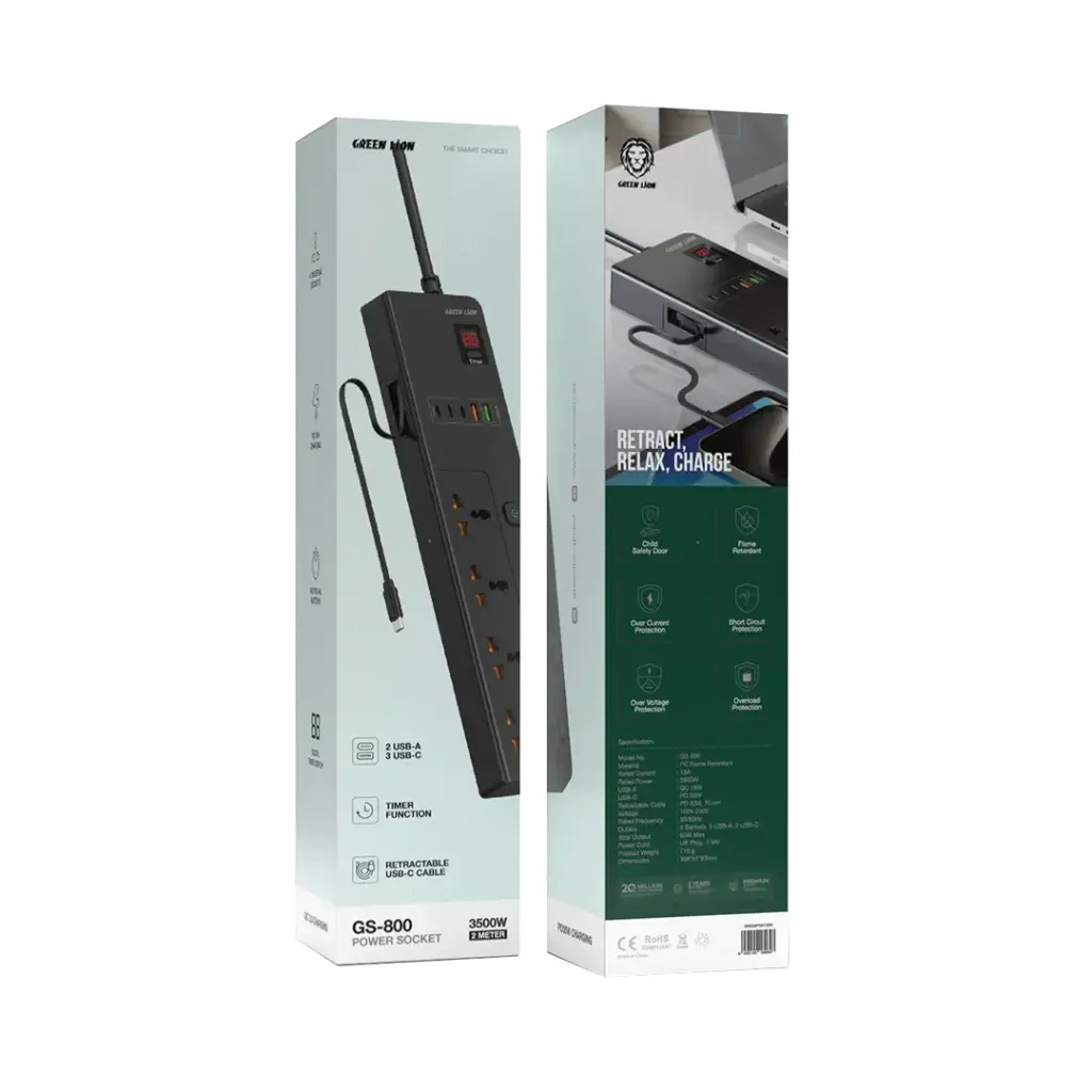 Green Lion GS-800 Power Socket 2M 3500W,Black