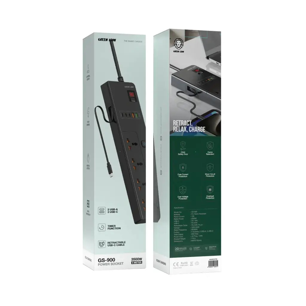 Green Lion GS-900 Power Socket 3M 3500W,Black