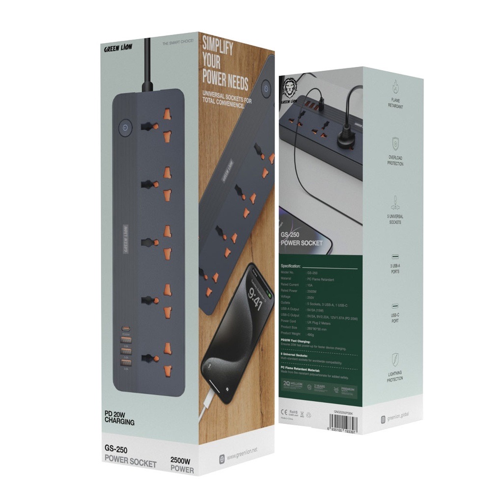 Green Lion GS-250 Power Socket 2500W,Black