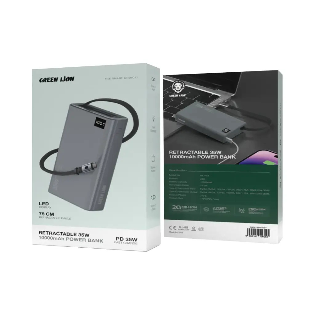 Green Lion Retractable Power Bank 35W 10000mAh,Grey
