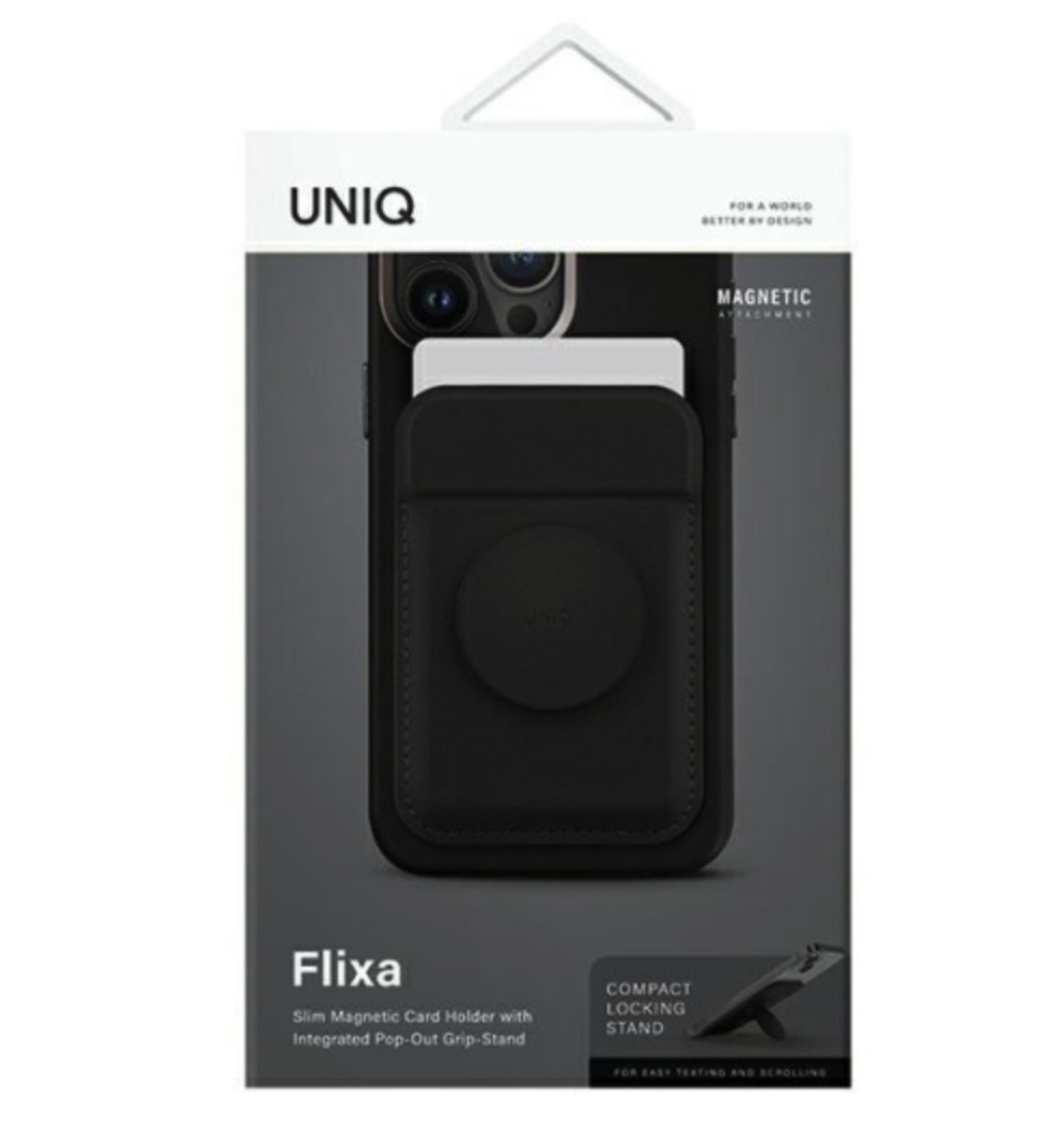 UNIQ FLIXA MAGNETIC CARD HOLDER AND POP-OUT GRIP-STAND - JET BLACK (JET BLACK)