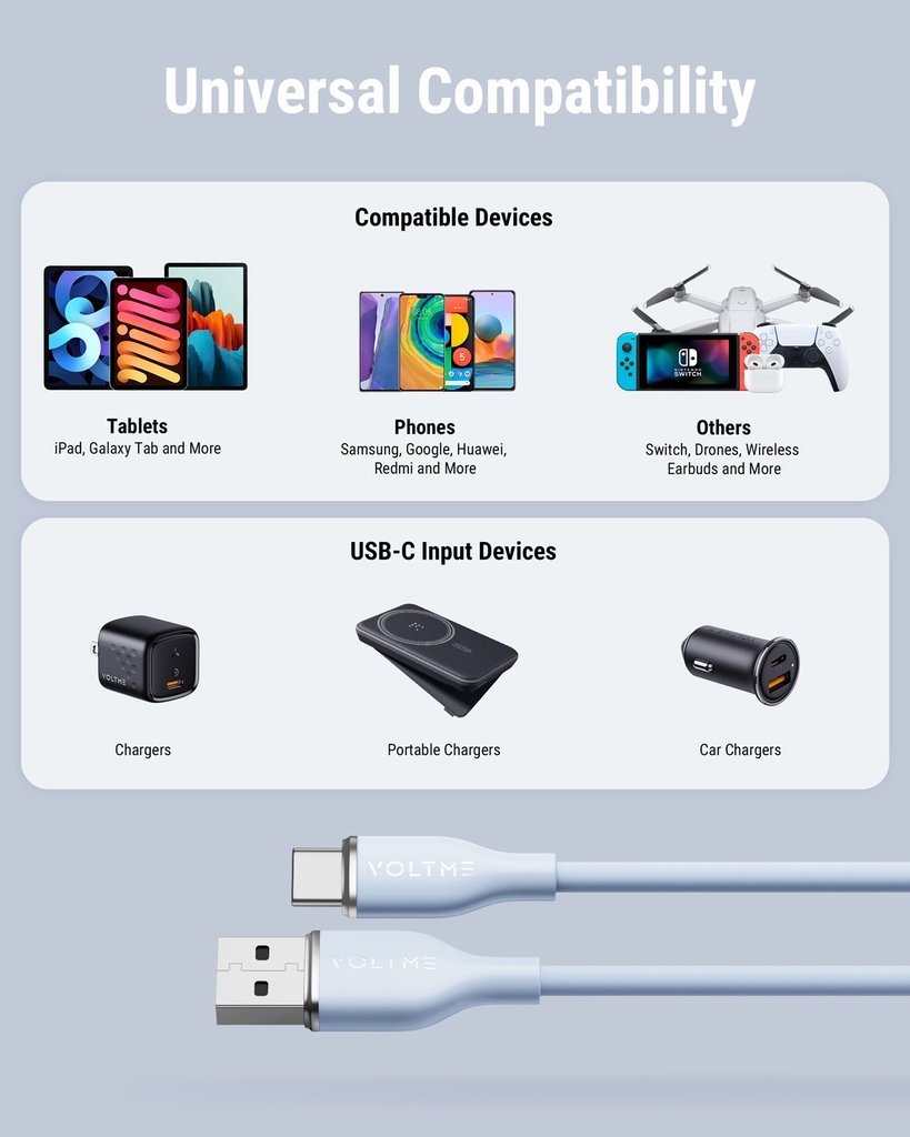 Voltme Powerlink Moss Liquid Silicon Cable Usb A To Type C 3A / 1M (60W) Blue