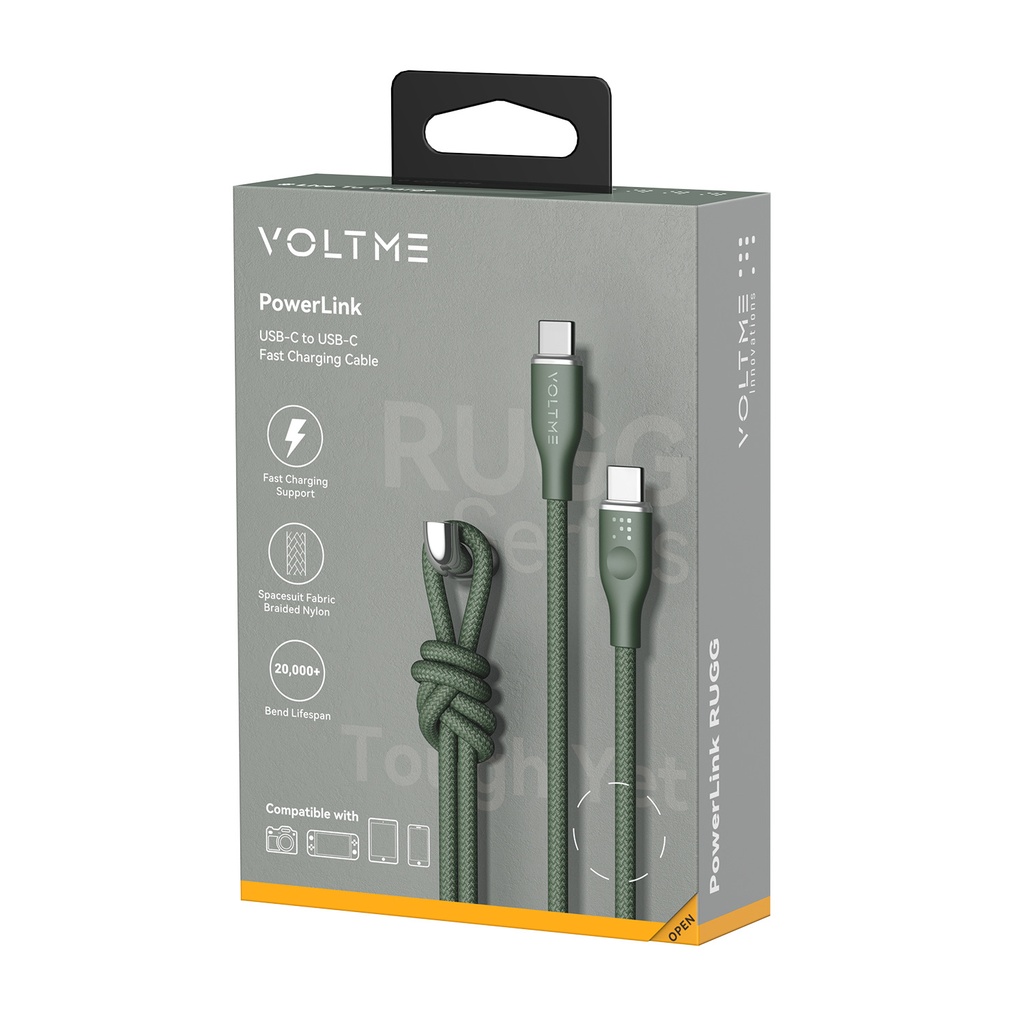 Voltme Powerlink Rugg Double Nylon Cable Type C to Type C 3A / 1M (60W) GREEN 