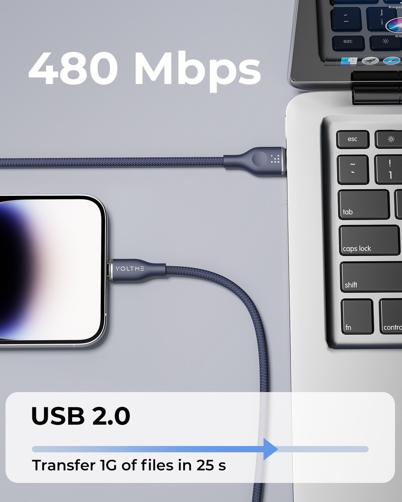 Voltme Powerlink Rugg Double Nylon Cable Usb A To Lightning 3A / 1.2M Zinc-Alloy Connector Blue