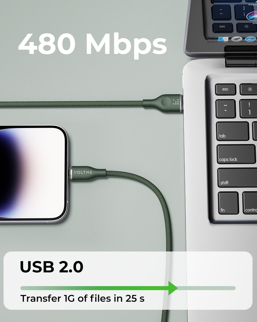 Voltme Powerlink Rugg Double Nylon Cable USB A to Lightning 3A / 1.2M Zinc-Alloy Connector GREEN 