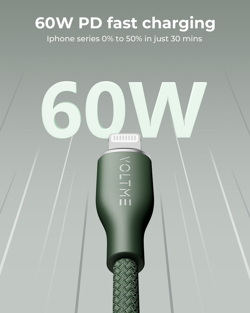 Voltme Powerlink Rugg Double Nylon Cable USB A to Lightning 3A / 1.2M Zinc-Alloy Connector GREEN 