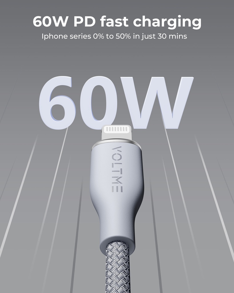 Voltme Powerlink Rugg Double Nylon Cable Usb A To Lightning 3A / 1.2M Zinc-Alloy Connector Gray