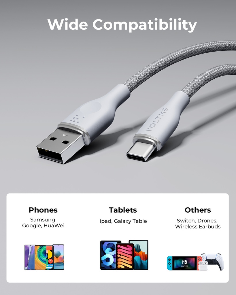 Voltme Powerlink Rugg Double Nylon Cable Usb A To Lightning 3A / 1.2M Zinc-Alloy Connector Gray