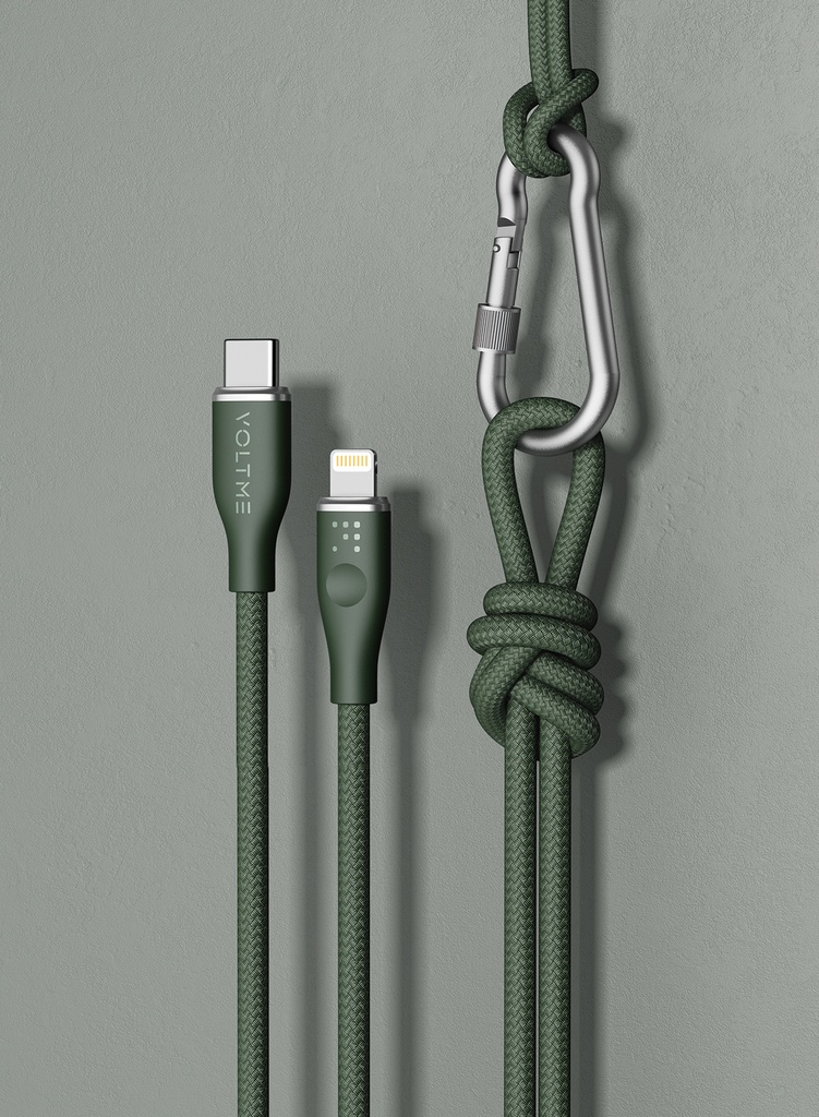 Voltme Powerlink Rugg Double Nylon Cable Type C to Lightning 3A / 1.2M Zinc-Alloy Connector GREEN 