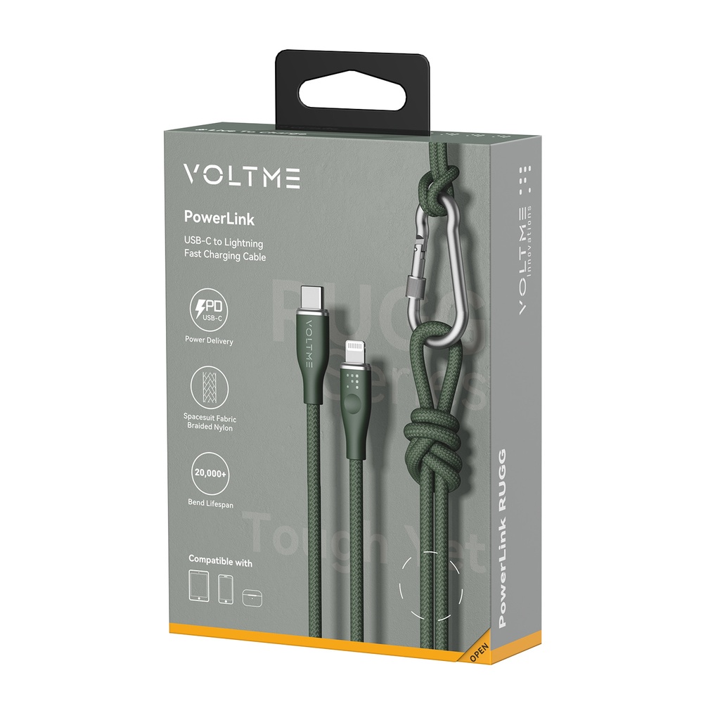 Voltme Powerlink Rugg Double Nylon Cable Type C to Lightning 3A / 2.0M Zinc-Alloy Connector GREEN 
