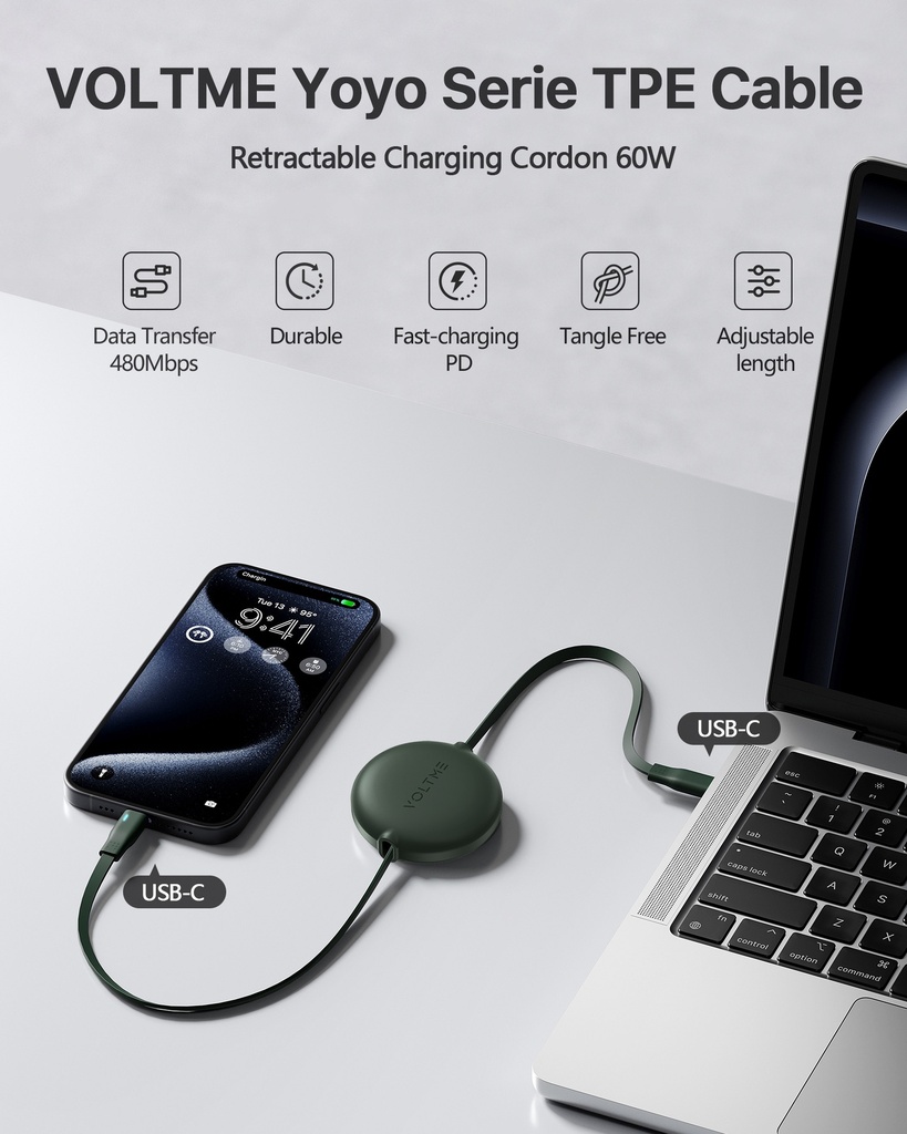 Voltme Powerlink YoYo Cable 3A 1.0M Retractable (Dual-Way Retractable Cable) Type C to Type C 60W England GREEN 