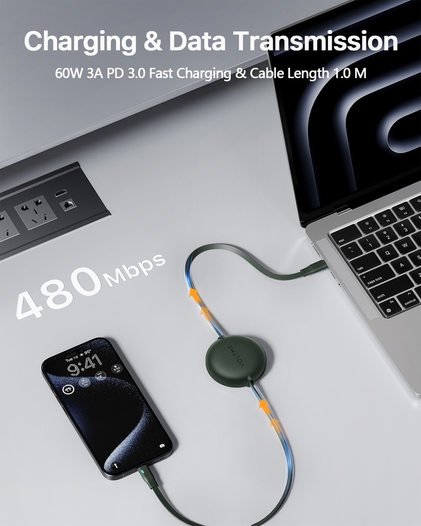 Voltme Powerlink YoYo Cable 3A 1.0M Retractable (Dual-Way Retractable Cable) Type C to Type C 60W England GREEN 