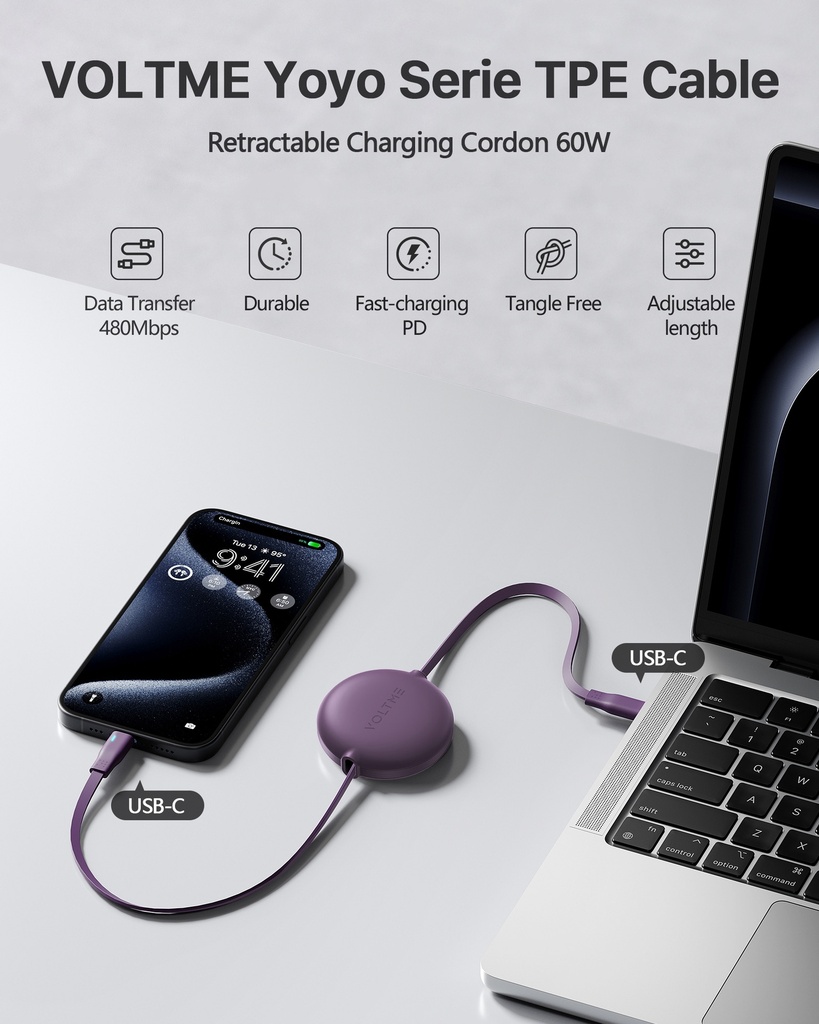Voltme Powerlink Yoyo Cable 3A 1.0M Retractable (Dual-Way Retractable Cable) Type C To Type C 60W Purple