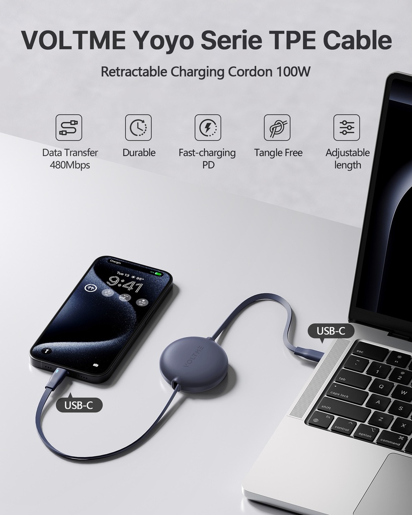 Voltme Powerlink Yoyo Cable 5A 1.0M Retractable (Dual-Way Retractable Cable) Type C To Type C 100W Navy Blue