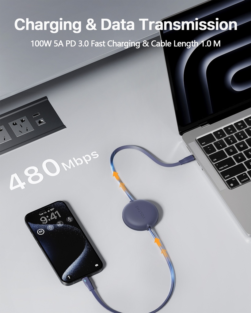 Voltme Powerlink Yoyo Cable 5A 1.0M Retractable (Dual-Way Retractable Cable) Type C To Type C 100W Navy Blue