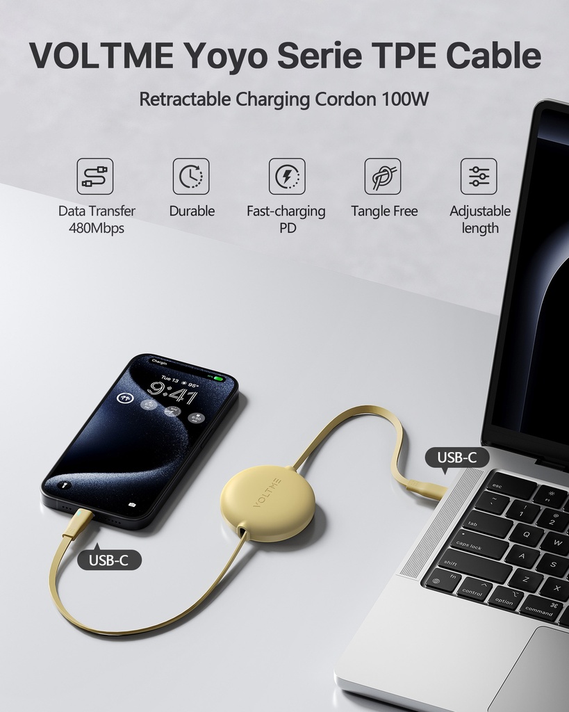 Voltme Powerlink Yoyo Cable 5A 1.0M Retractable (Dual-Way Retractable Cable) Type C To Type C 100W Sand