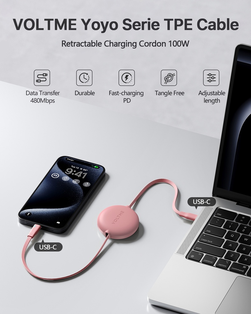 Voltme Powerlink Yoyo Cable 5A 1.0M Retractable (Dual-Way Retractable Cable) Type C To Type C 100W Pink