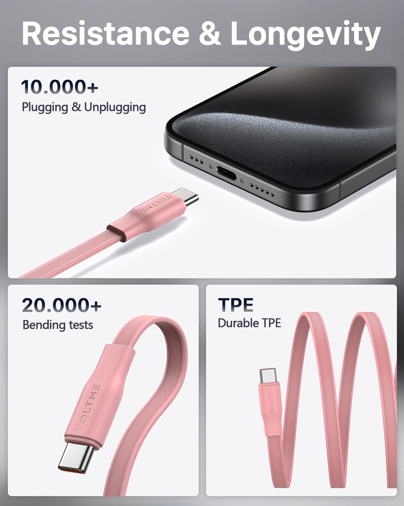 Voltme Powerlink Yoyo Cable 5A 1.0M Retractable (Dual-Way Retractable Cable) Type C To Type C 100W Pink