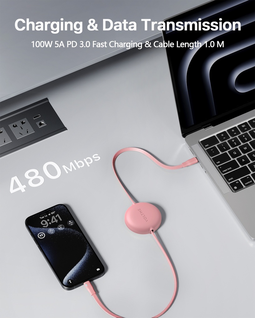 Voltme Powerlink Yoyo Cable 5A 1.0M Retractable (Dual-Way Retractable Cable) Type C To Type C 100W Pink