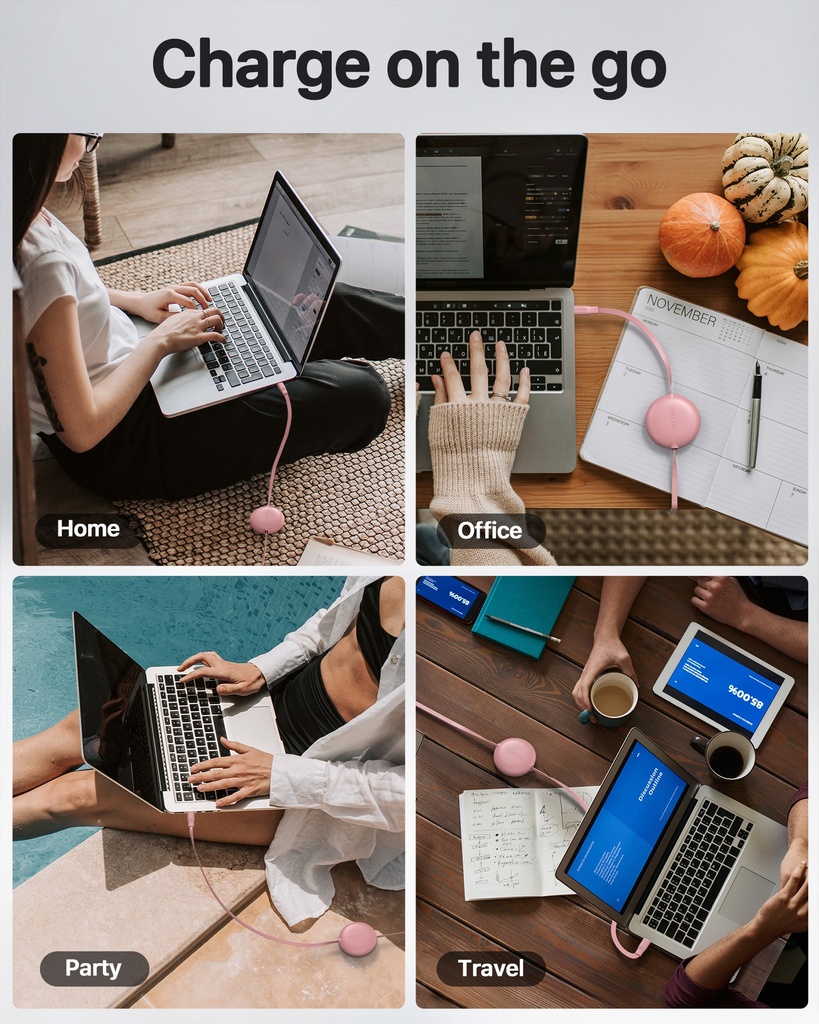 Voltme Powerlink Yoyo Cable 5A 1.0M Retractable (Dual-Way Retractable Cable) Type C To Type C 100W Pink